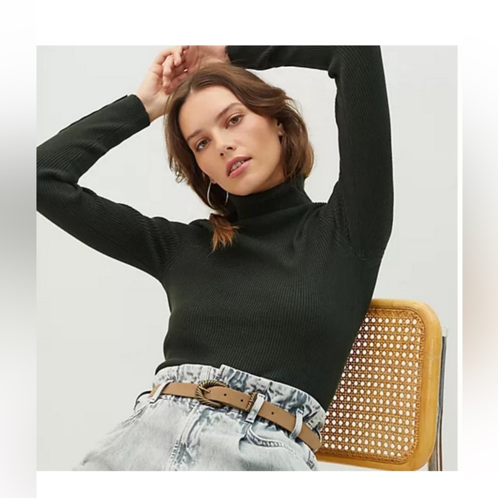 Anthropologie Maeve Holly Green Ribbed Knit Long Sleeve Button Mock Neck Medium